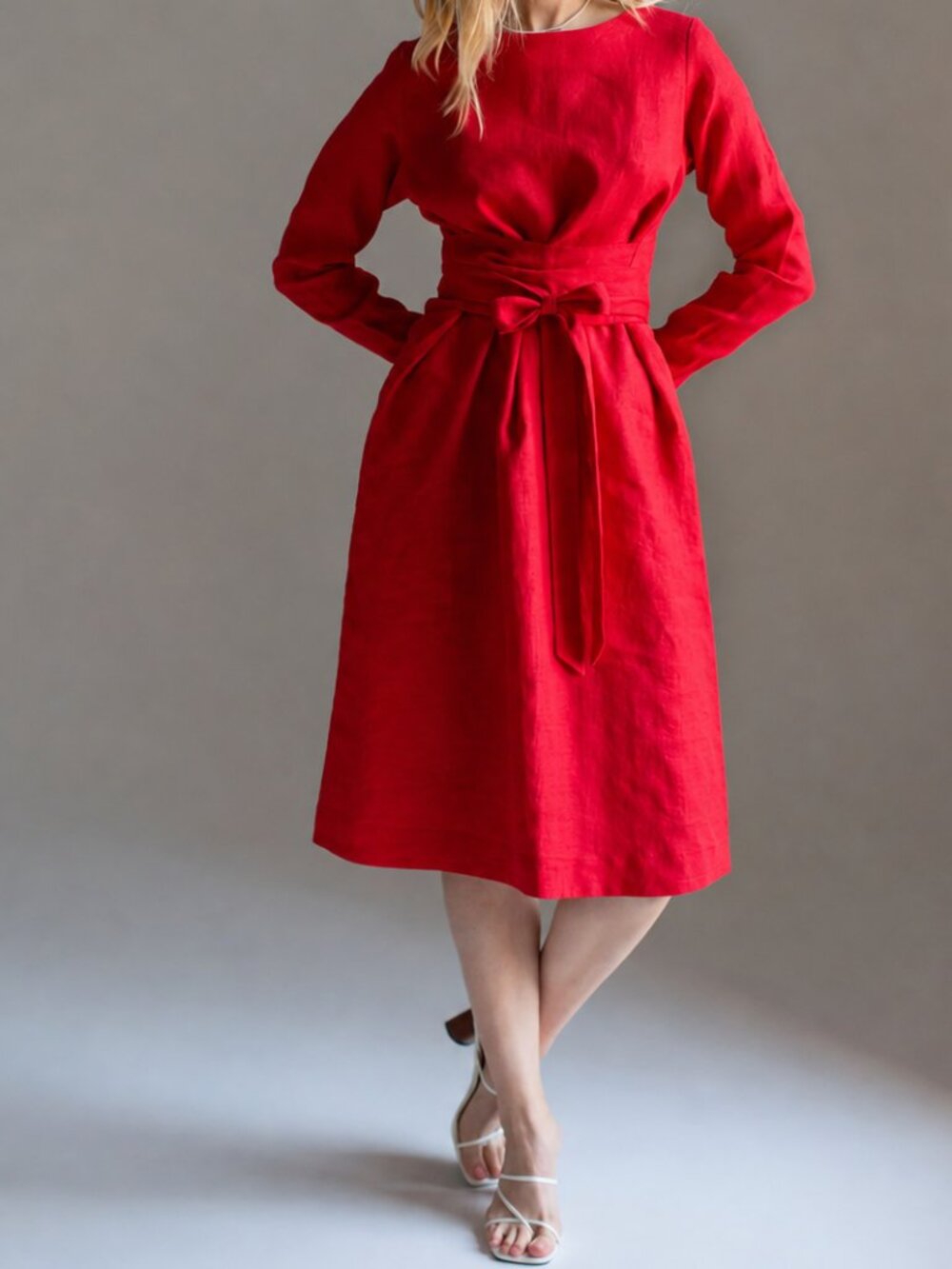 Nich Linen Red 100% Linen Tie Waist Midi Dress Pockets Long Sleeve